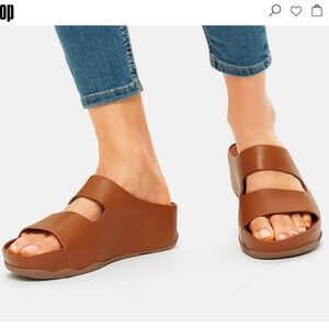 Fitflop Shuv 2 Bar Leather Slides, Light Tan NIB 8 Comfy!